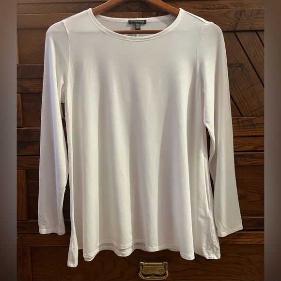 Eileen Fisher Tencel A-Line White Tunic Top White Long Sleeve Stretch Sz S Top - Picture 1 of 7